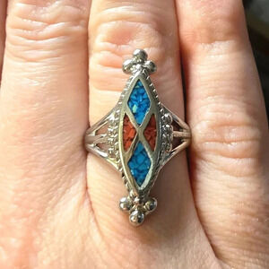 STERLING SILVER CORAL & TURQUOISE INLAY RING SIZE 7 925
